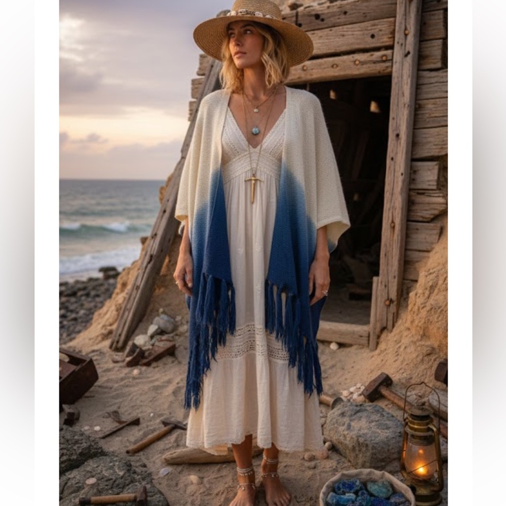 Look by M collection knit fringe wrap cream/blue Slit Poncho fisherman core